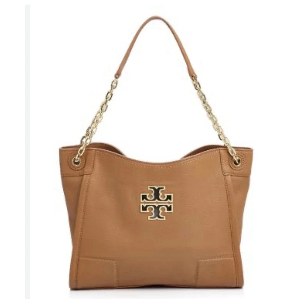 Tory Burch Britten Bark Tan Pebbled Leather Small Slouchy Chain Tote Bag 445$